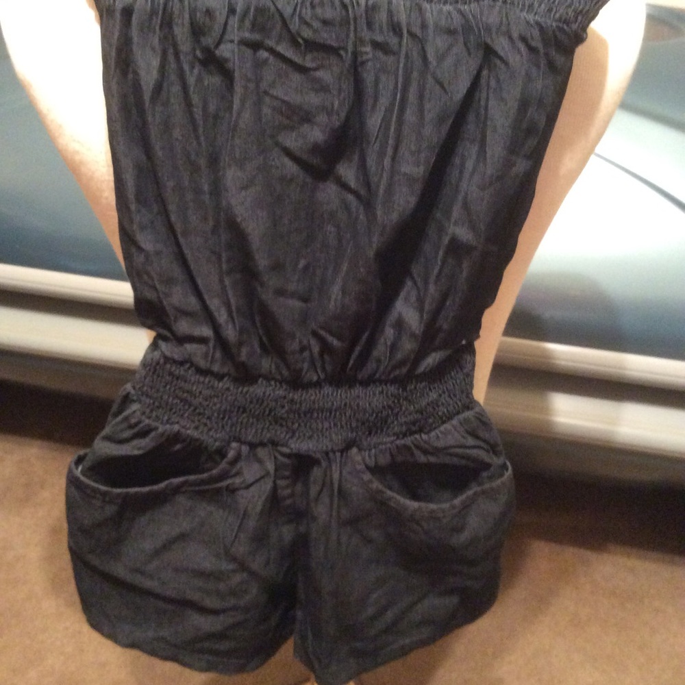 Gold Drama large strapless denim romper